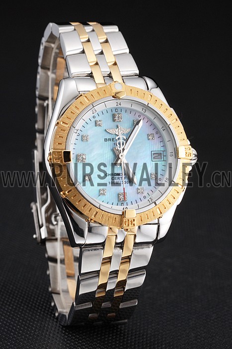 Breitling Colt Lady Light Blue Dial Diamond Hour Marks Gold Bezel Stainless Steel Case Two Tone Bracelet