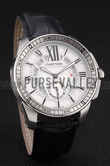 Cartier Calibre De Cartier Small Seconds White Dial Stainless Steel Case Black Leather Strap