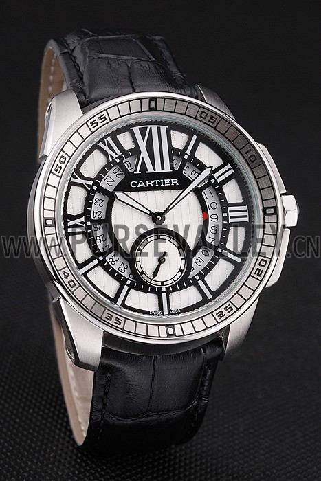 Cartier Calibre De Cartier Small Seconds Black And White Dial Stainless Steel Case Black Leather Strap