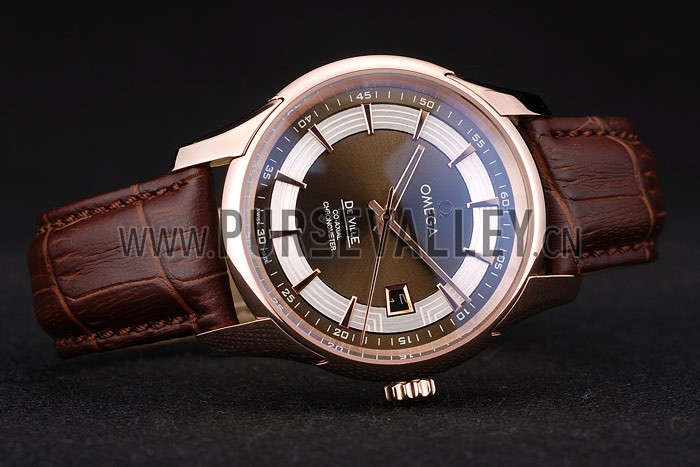 Omega Swiss DeVille Rose Gold Bezel Brown Leather Strap 7614