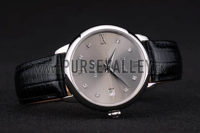 Piaget Swiss Traditional Grey Dial Black Leather Strap 7627