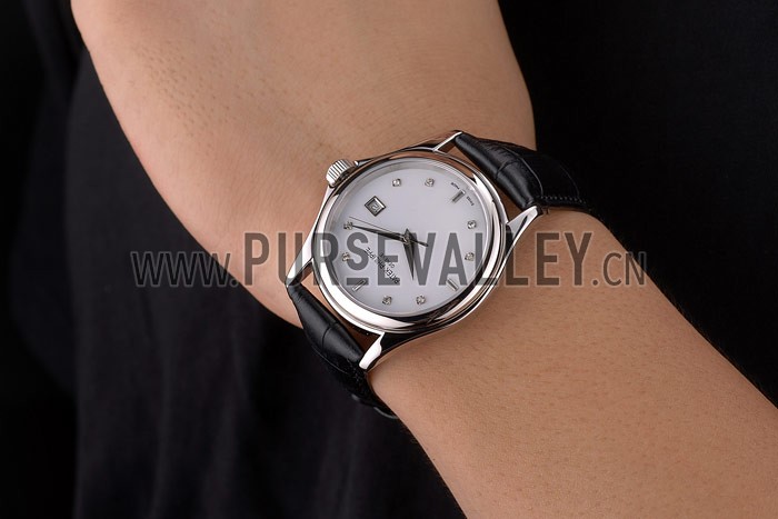 Patek Philippe Geneve Calatrava Crystal Studded Hour Marker White Dial Black Leather Strap