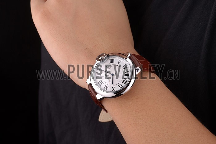 Cartier Ballon Bleu 42mm White Dial Stainless Steel Case Brown Leather Bracelet