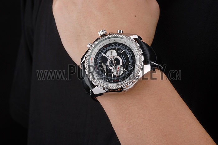 Breitling Bentley Chronograph Black Dial Black Leather Strap
