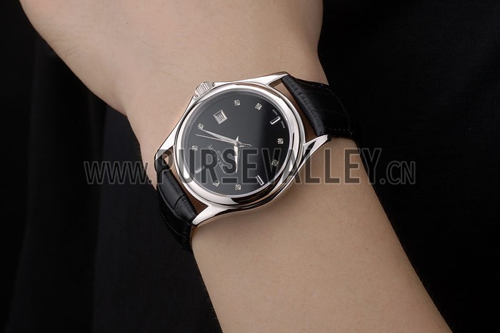 Patek Philippe Geneve Calatrava Crystal Studded Hour Marker Black Dial Black Leather Strap 98170
