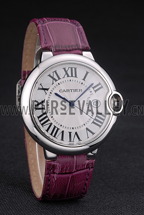 Cartier Ballon Bleu 42mm White Dial Stainless Steel Case Purple Leather Bracelet
