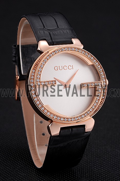 Gucci Interlocking Rose Gold Bezel with Diamonds and Black Leather Band 621514