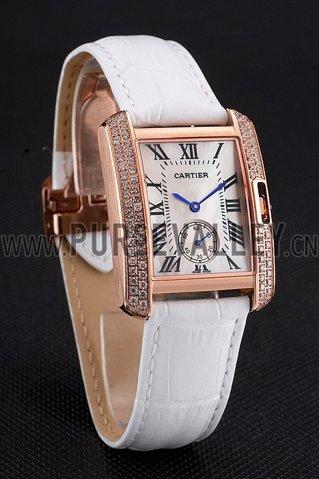 Cartier Tank MC Gold Diamond Case White Dial White Leather Strap 622169
