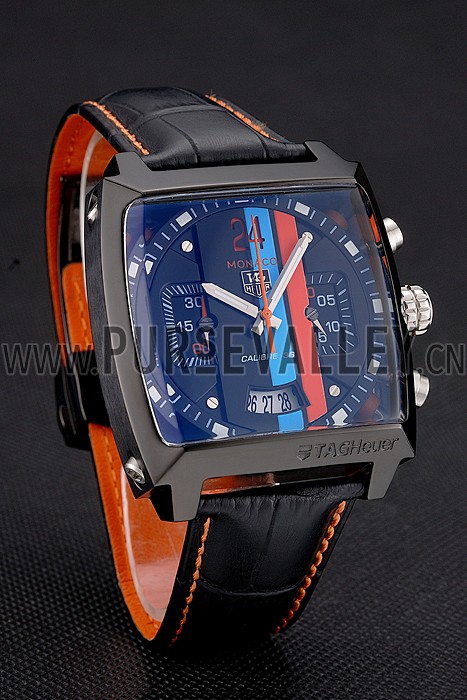 Tag Heuer Monaco Calibre 36 Blue And Orange Stripes Dial Black Leather Strap 622302