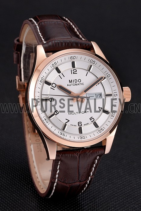 Mido Multifort Brown Croco Leather Strap White-Silver Dial 80300
