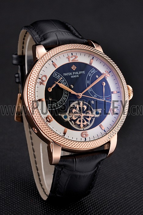 Patek Philippe Classic Tourbillon Power Reserve Black And White Dial Rose Gold Case Black Leather Strap
