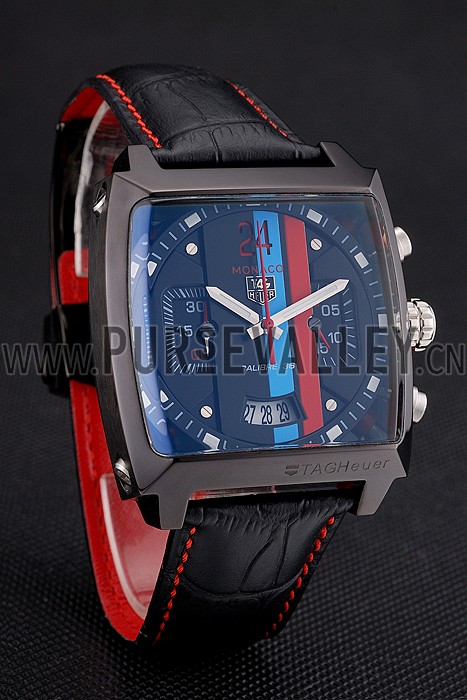 Tag Heuer Monaco Calibre 36 Blue And Red Dial Stripes Dial Black Leather Strap 622272