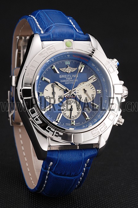 Breitling Chronomat Patrouille De France Blue Dial Stainless Steel Case Blue Leather Strap
