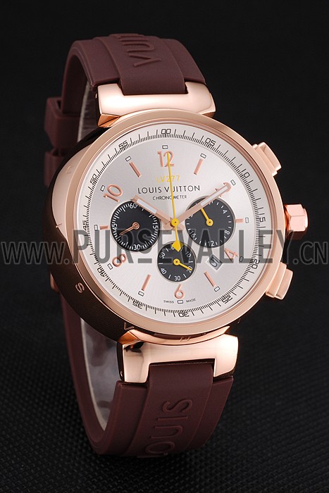 Louis Vuitton Tambour LV277 Chronograph White Dial Rose Gold Case Brown Rubber Strap
