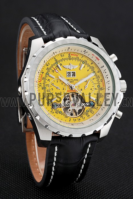 Breitling Bentley Mulliner Tourbillon Yellow Dial Stainless Steel Case Black Leather Strap 622730