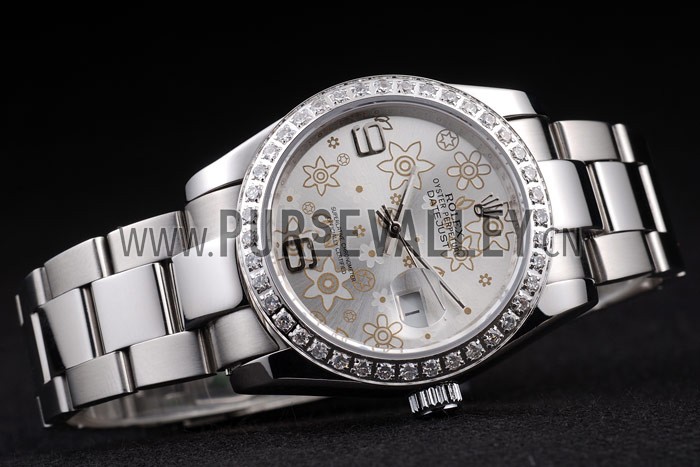 Rolex Datejust Polished Stainless Steel Silver Flowers Dial Diamond Plated 98081