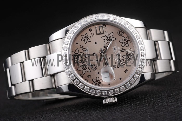 Rolex Datejust Polished Stainless Steel Brown Flowers Dial Diamond Plated