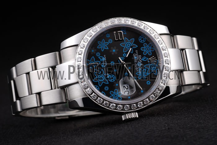 Rolex Datejust Polished Stainless Steel Dark Blue Flowers Dial Diamond Plated