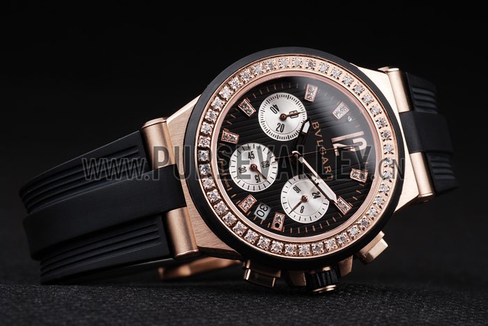 Bvlgari Diagono 36mm Black Dial Gold Case With Diamonds Black Rubber Bracelet