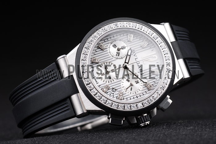 Bvlgari Diagono 36mm White Dial Stainless Steel Case With Diamonds Black Rubber Bracelet
