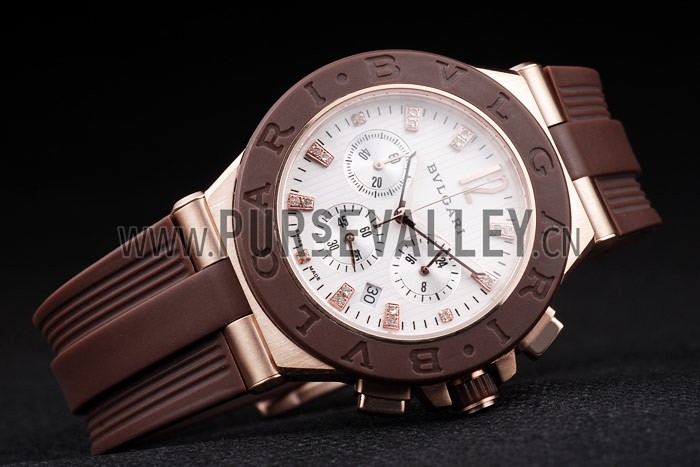 Bvlgari Diagono 36mm White Dial Rose Gold Case Brown Rubber Bracelet