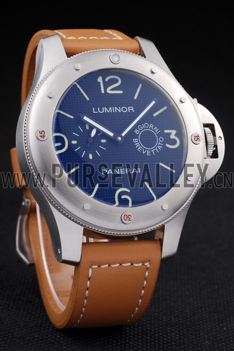 Panerai Luminor Brushed Stainless Steel Case Blue Dial Brown Leather Strap