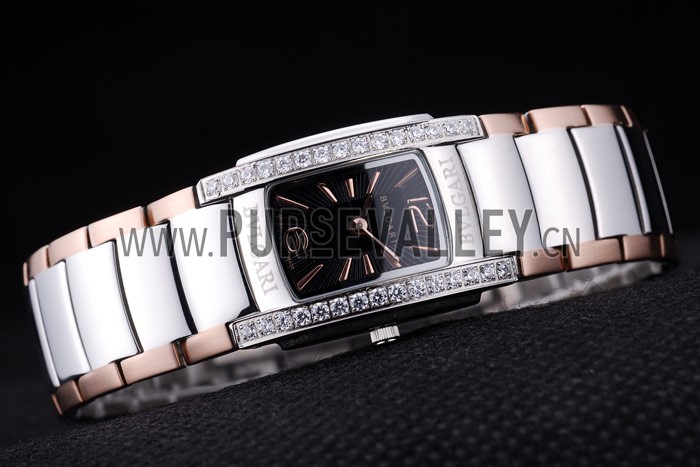 Bvlgari Assioma D 20mm Black Dial Stainless Steel Case With Diamonds Two Tone Bracelet