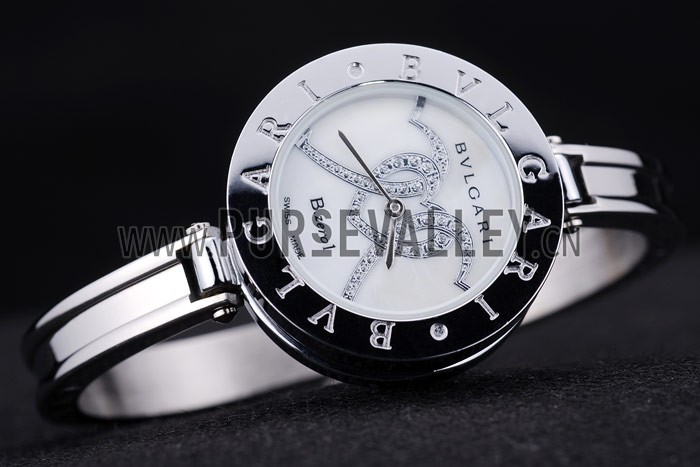 Bvlgari B.ZERO1 30mm White Diamond Heart Dial Steel Case Black Bezel Steel Bracelet