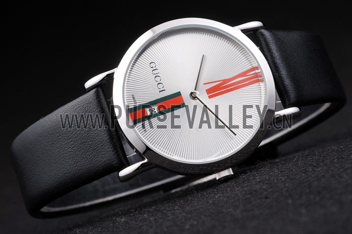 Gucci Large Polished Stainless Steel Bezel White Dial Black Leather Strap