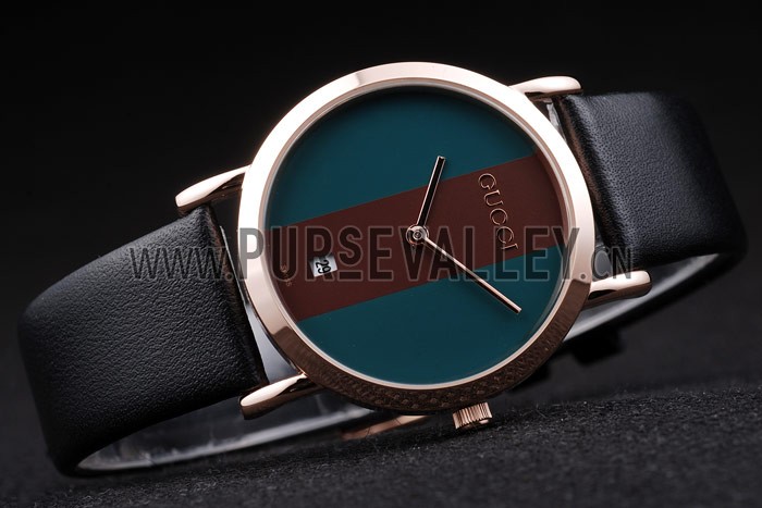 Gucci Polished Rose Gold Bezel Dark Green Dial Black Leather Strap