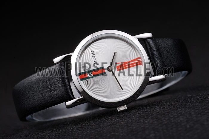 Gucci Small Polished Stainless Steel Bezel White Dial Black Leather Strap