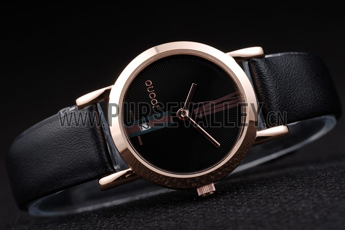 Gucci Polished Rose Gold Bezel Black Dial Black Leather Strap