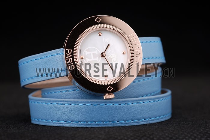 Hermes Classic MOP Dial Light Blue Elongated Leather Strap