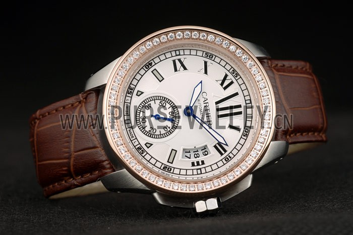 Cartier Calibre White Dial Diamonds Two Tone Case Brown Leather Bracelet