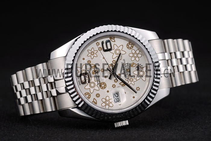 Rolex DateJust Stainless Steel Ribbed Bezel Flower Silver Dial 41983