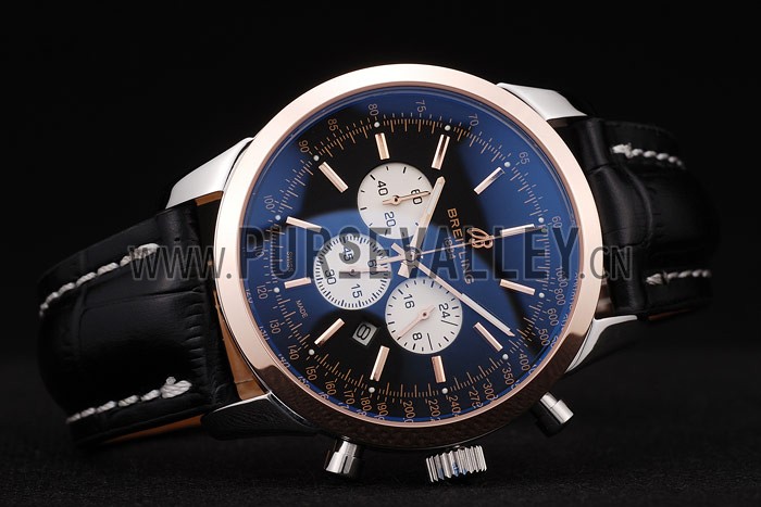 Breitling Transocean Black Dial Black Leather Strap Rose Gold Bezel 98203
