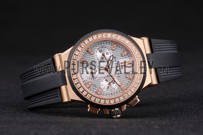 Bvlgari Diagono 36mm White Dial Gold Case With Diamonds Black Rubber Bracelet