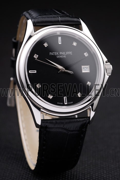 Patek Philippe Geneve Calatrava Crystal Studded Hour Marker Black Dial Black Leather Strap 98170