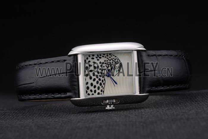 Cartier Tank Anglaise White Tiger Dial Stainless Steel Case Black Leather Bracelet