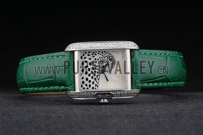 Cartier Tank Anglaise White Tiger Dial Diamonds Steel Case Green Leather Bracelet