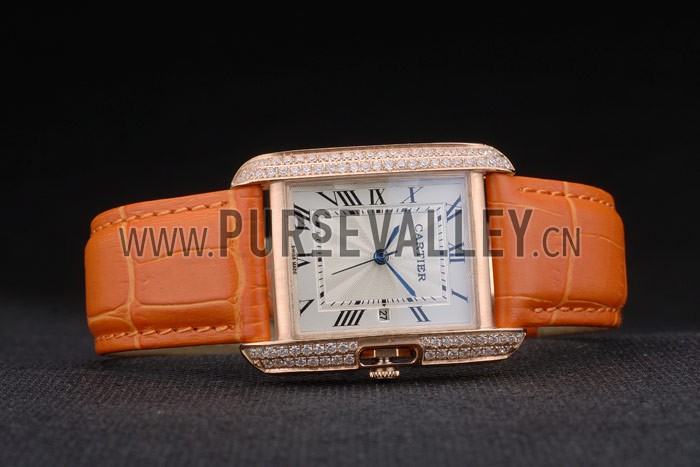 Cartier Tank Anglaise 30mm White Dial Diamonds Gold Case Orange Leather Bracelet