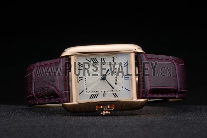 Cartier Tank Anglaise 30mm White Dial Gold Case Purple Leather Bracelet