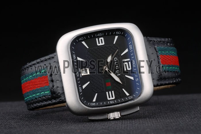 Gucci Black Leather Strap Polished Stainless Steel Bezel Black Dial 80216