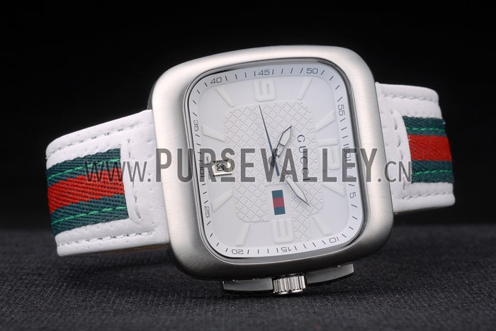 Gucci White Leather Strap Polished Stainless Steel Bezel White Dial 80218