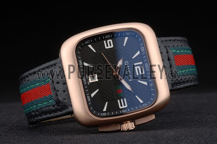 Gucci Black Leather Strap Rose Gold Bezel Black Dial 80222