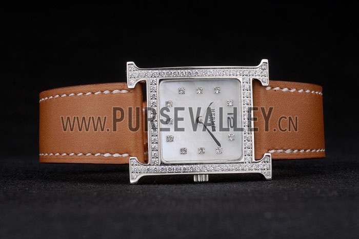 Hermes Heure H Stainless Steel Diamond Encrusted Bezel Tan Leather Strap White Dial 80232
