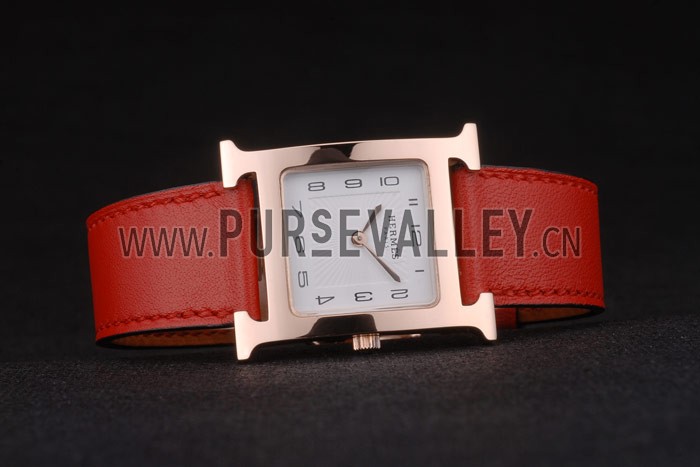 Hermes Heure H Rose Gold Bezel Red Leather Strap White Dial 80233