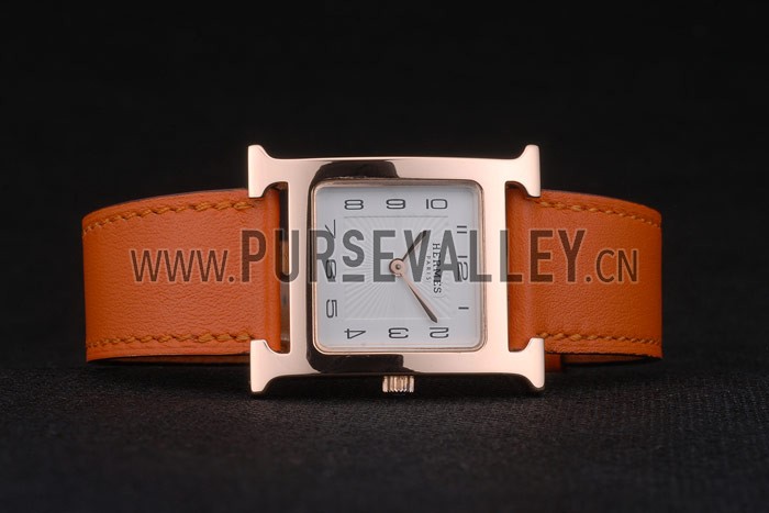 Hermes Heure H Rose Gold Bezel Orange Leather Strap White Dial 80234