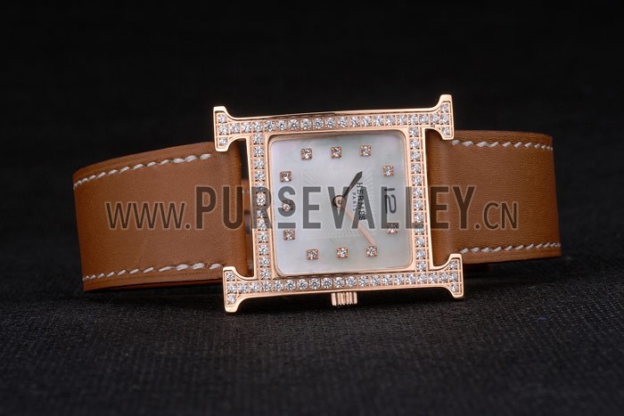 Hermes Heure H Rose Gold Diamond Encrusted Bezel Tan Leather Strap White Dial 80236