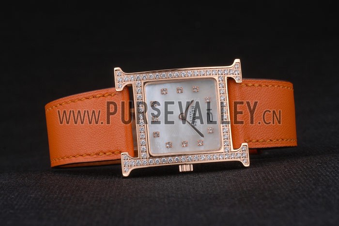 Hermes Heure H Rose Gold Diamond Encrusted Bezel Orange Leather Strap White Dial 80237